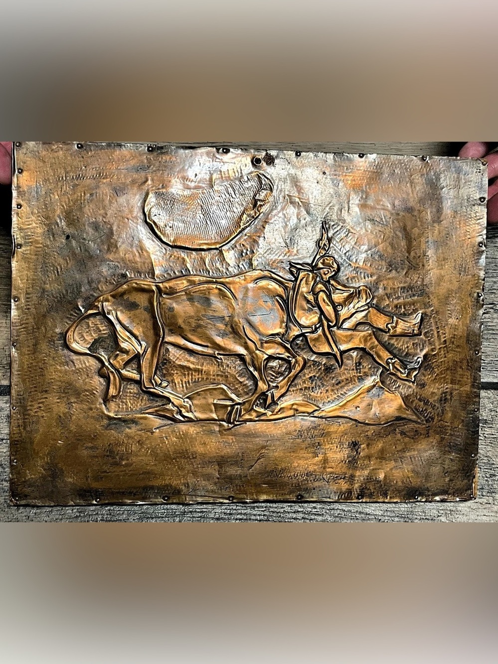 Copper stamped Relief Wall Sculpture, steer wrestling
